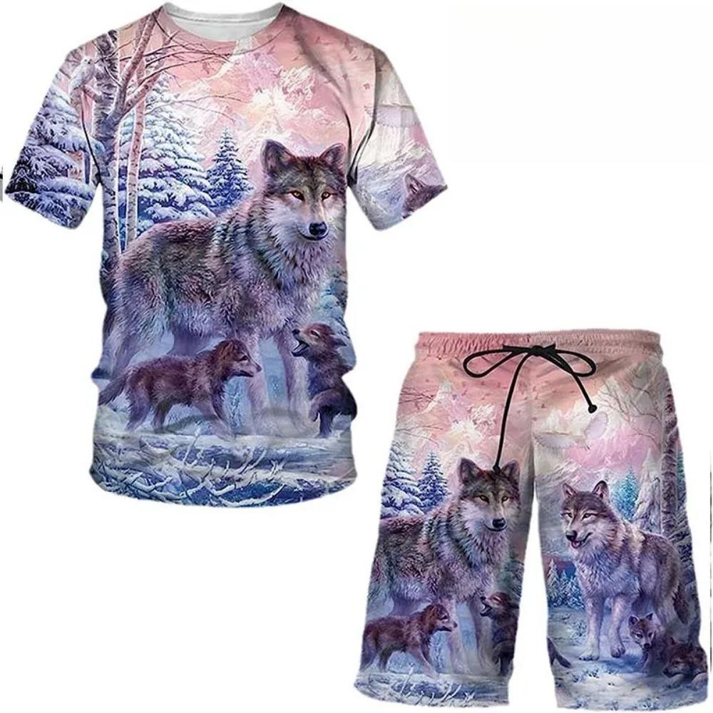 Summer Round Neck 3D Animal Printed Set Fashionable and Casual Short Sleeved Shorts Men's Sport Wear
