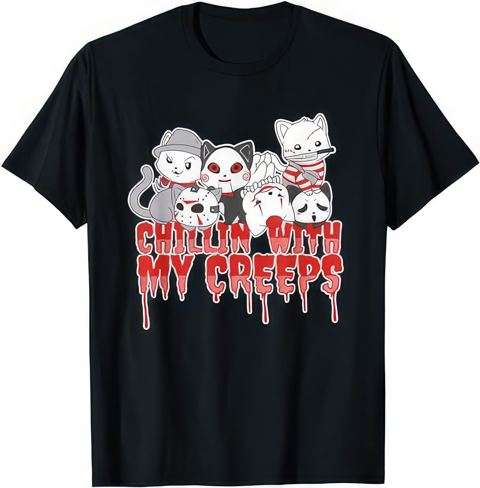 Chillin With My Creeps Cat Horror T shirt - Funny Halloween Tee 4XL