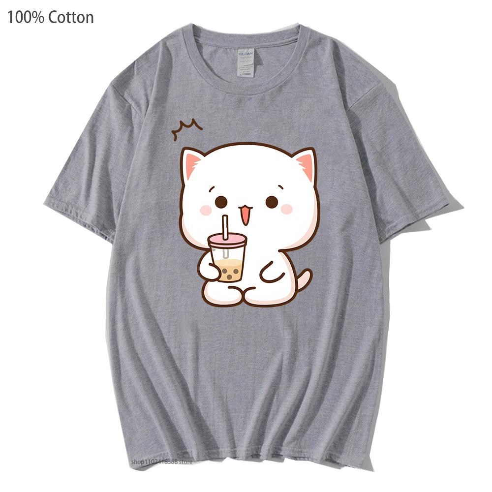 Camisetas Estampadas Gato Pêssego Femininas Mochi Bebida Chá de Bolhas Camiseta Desenho Animado Kawaii Tops para Meninas 100% Algodão Camisetas Roupas Gráficas Fofas