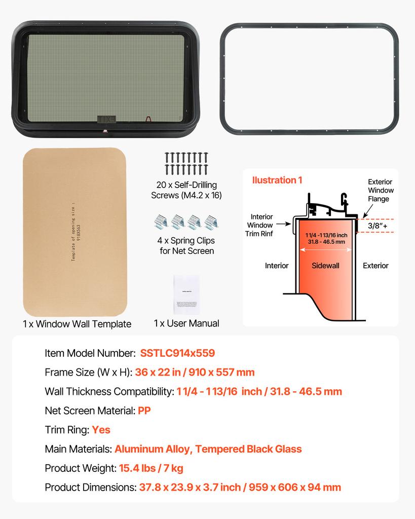 SucceBuy Vertical/Exit/Horizontal RV Window Tinted RV Window with Net Screen&Trim Ring RV Window Replacement for Trailer Camper