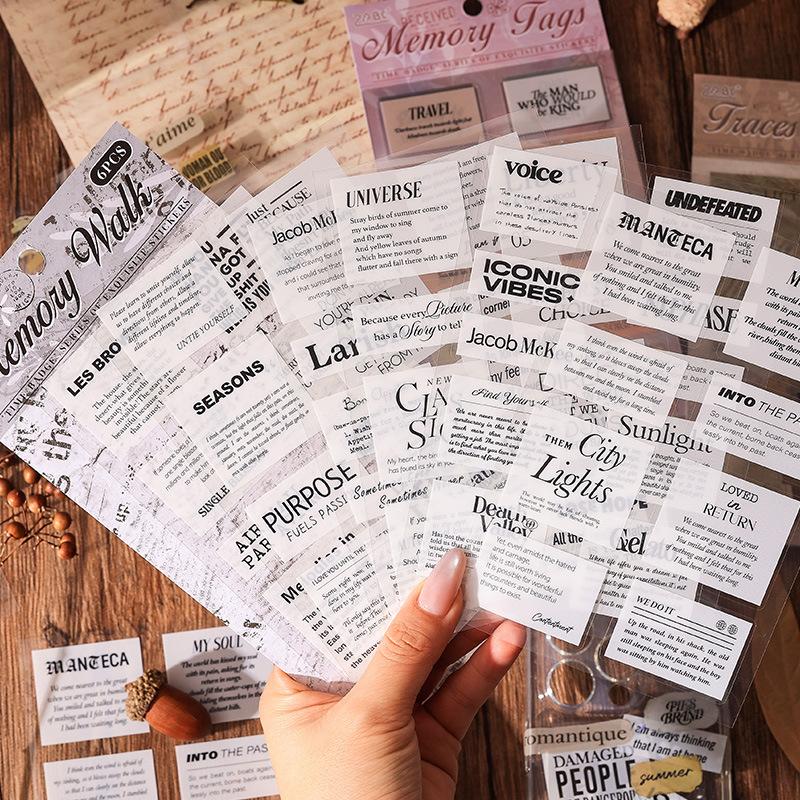 6 Pcs Vintage English Phrase Cut Film PET Stickers Hand Tent Stickers Text Decorative Stickers Aesthetic Sticker Tag