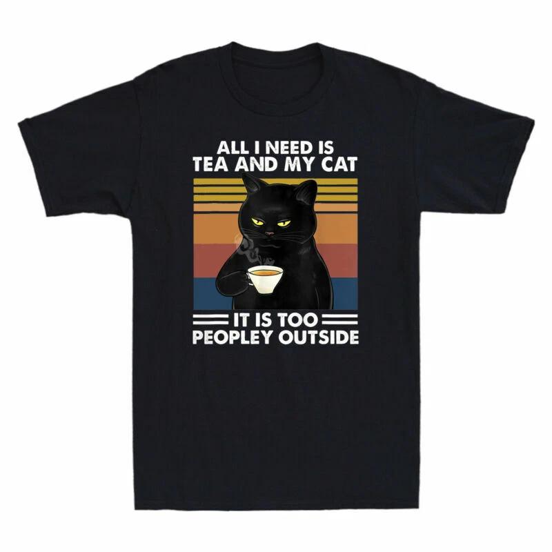 Black Cat All I Need Is Tea And My Cat It s Too Peopley Outside Vintage T-Shirt XS