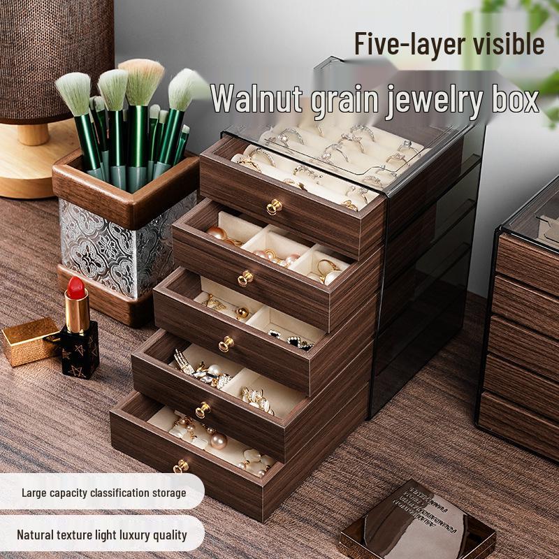 Five-Layer Walnut Wood Jewelry Box for Earrings, Necklaces & Bracelets - Large Capacity