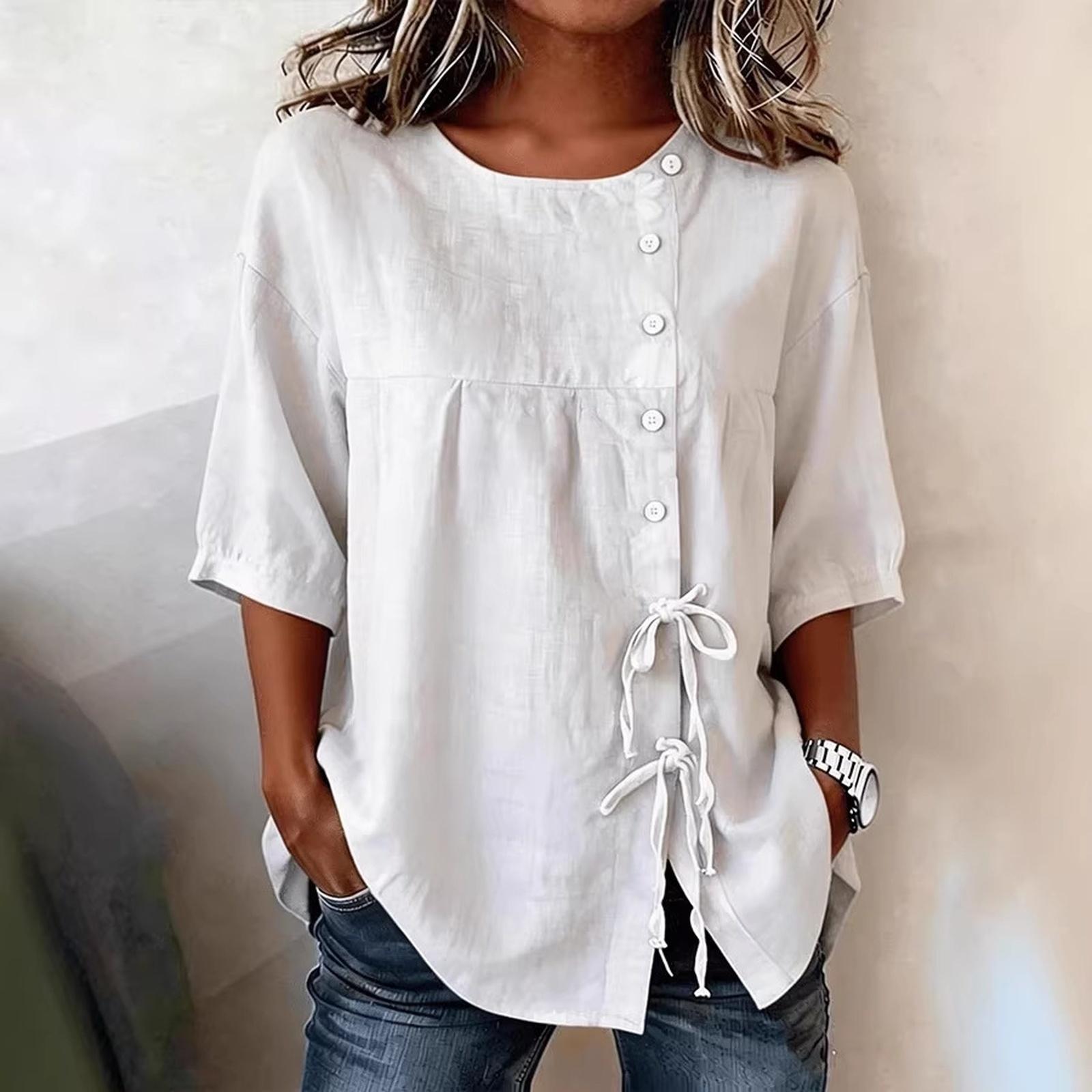 

Fashionable Women s Shirt With Buttons, Round Neck, And Short Sleeves XL білий