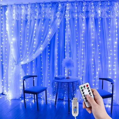 300 LED Warm White Curtain Lights 8 Mode Waterproof Window String Lights USB with Remote Control Timer for Outdoor Indoor Party Bedroom Decoration