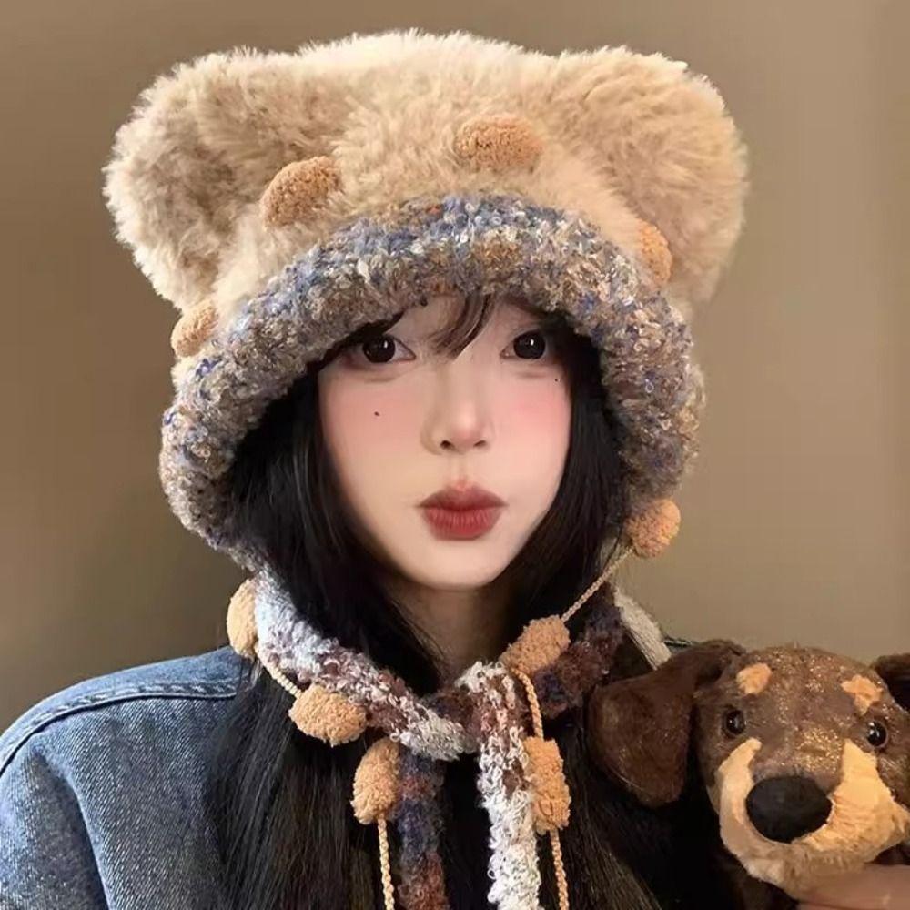 Fluffy Lei Feng Hat Ear Protection Winter Warm Hat Fashion Bear Ear Plush Hat Girls