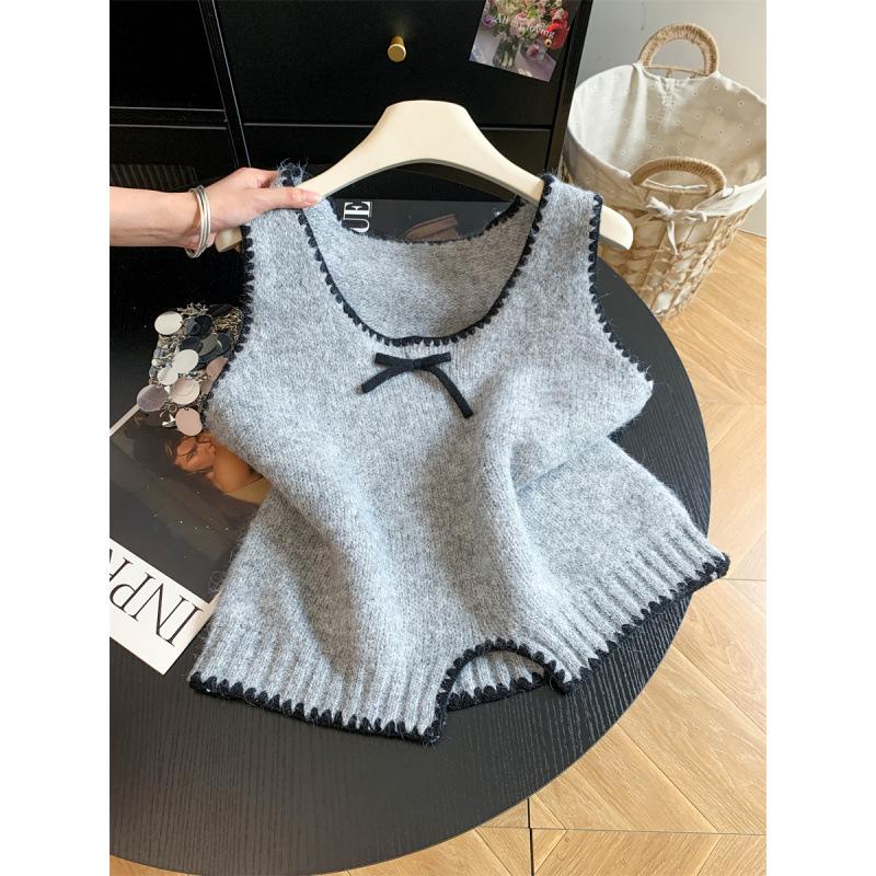 Women's French Color Block Bow Knit Vest - 2026 Autumn Sleeveless Layering Top