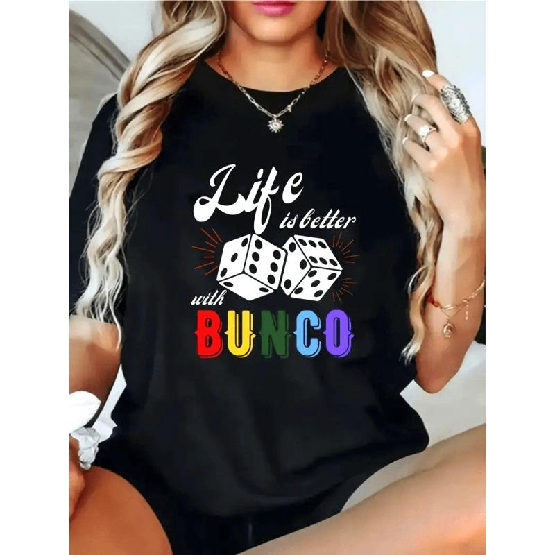 

Women Plus Size Life Is Better with BUNCO T-Shirt Black Lightweight Breathable Short Sleeve Bingo Game Night Summer Casual Party Soft Top S чёрный