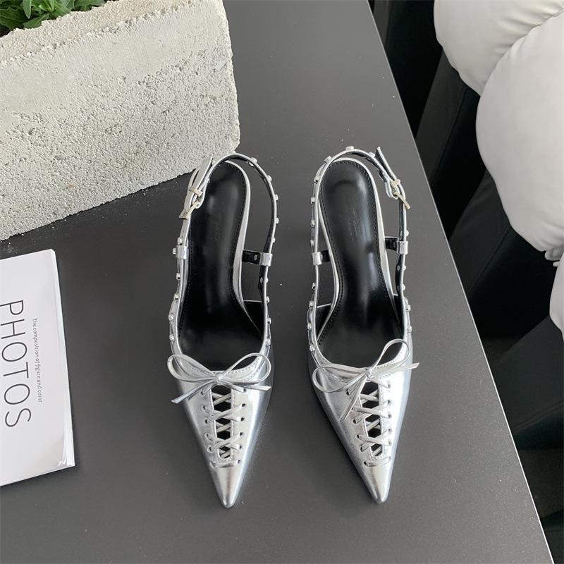

2025 spring and autumn new fashion women s shoes woven decorative pointed high heels fashion bow women s sandals 40 срібний