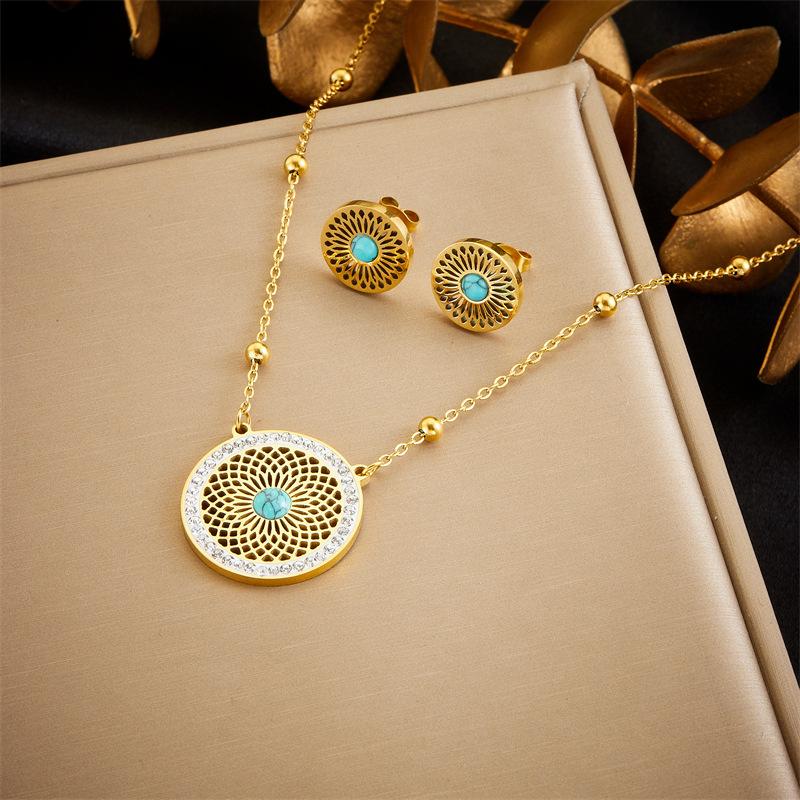 Gold Turquoise Mandala Cz Jewelry Set Necklace Earrings золотой