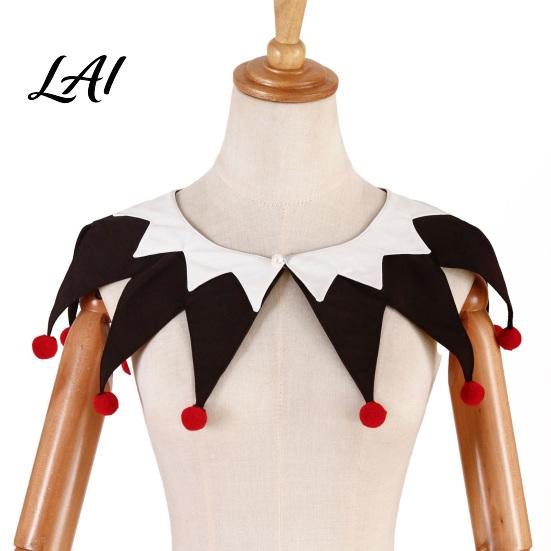 Detachable Clown Collar Halloween Pointed Fake with Pom Poms Black White Red Triangle Jester Neck Shawl for Christmas Party Stage Cosplay Easy