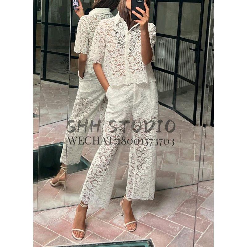 Spring New Lapel Short Sleeve Lace Short Top 3254490 High Waist Straight Ankle-length Pants 3278490