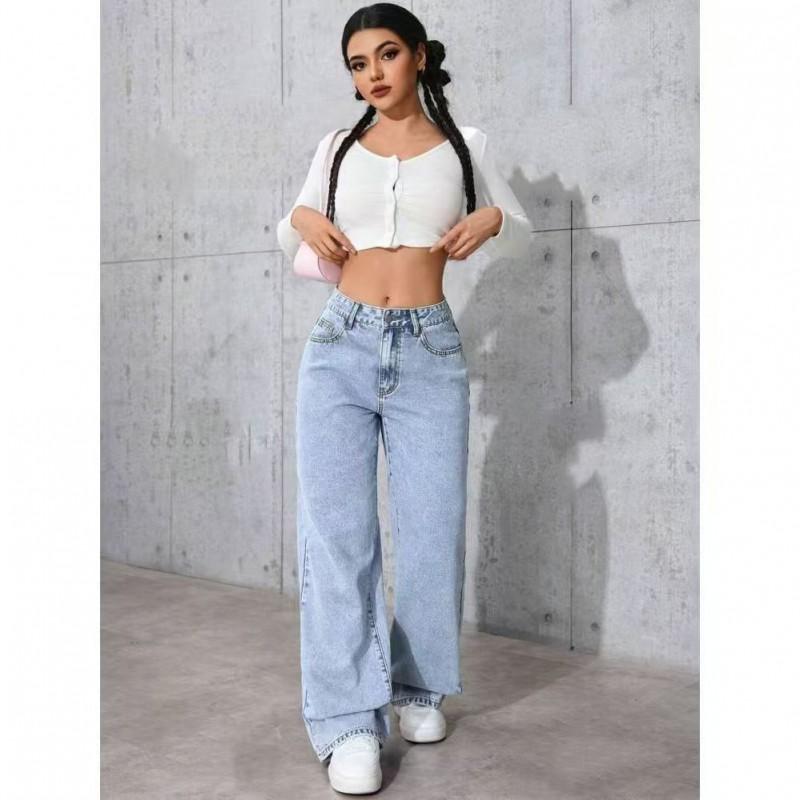 Damen Lockere Gerade Weite Jeans Hohe Taille Baumwolle Denim Hosen Streetwear Mode