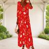 Women Plus Size V Neck Three Quarter Sleeve Red Floral Printed Long Dress