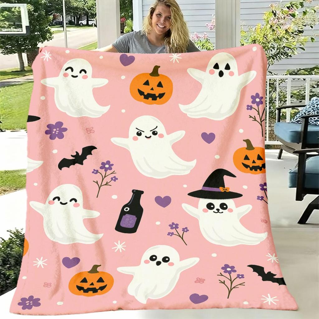 Gingerbread Plush Blanket UltraSoft Pink & Purple Pastel Throw with Cute Ghosts, Bats, Witches & Hearts Cozy AllSeason Bedspread for Girls' Room