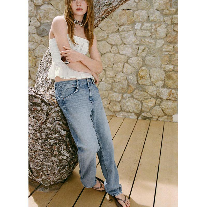 Summer New Product Women's Clothes American Sweet Single-Breasted Embroider Ruched Straight Collar Sling Tops 7521011