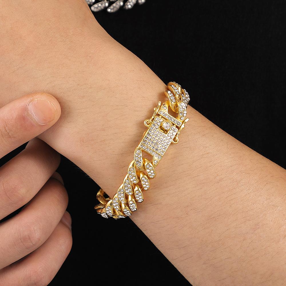 New Miami Iced Out Cuban Link Chain Bracelet For Men&Women Full Rhinestones Charms Hip Hop Jewelry 13mm Crystal Chain Party Gift