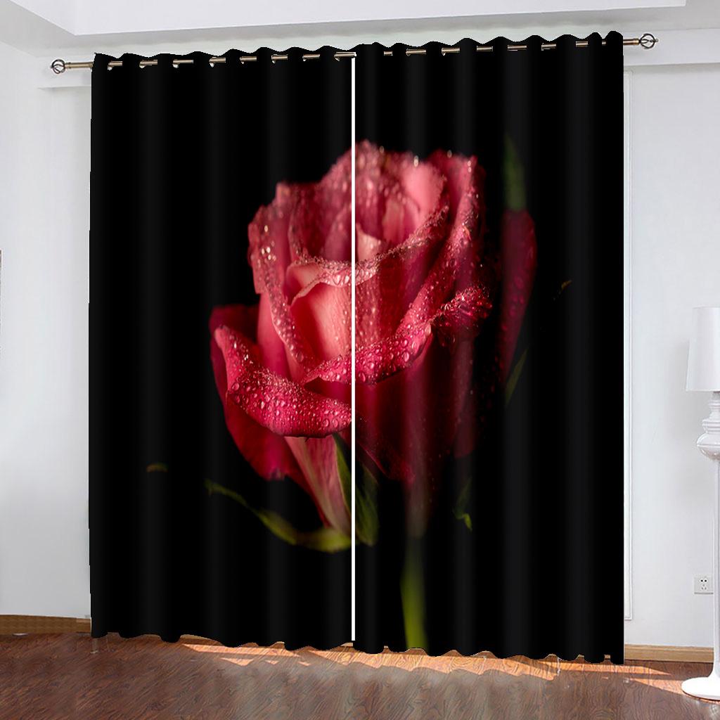 2 Panel Red Rose Pink Flower Curtains for Girls Bedroom Floor-to-ceiling Window Kitchen Shutters Window Semi Blackout Cortinas