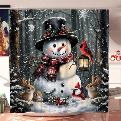 Christmas Winter Snowman Cardinal Holly Funny Cute Red White Shower Curtain Polyester Machine Washable for Xmas Bathroom