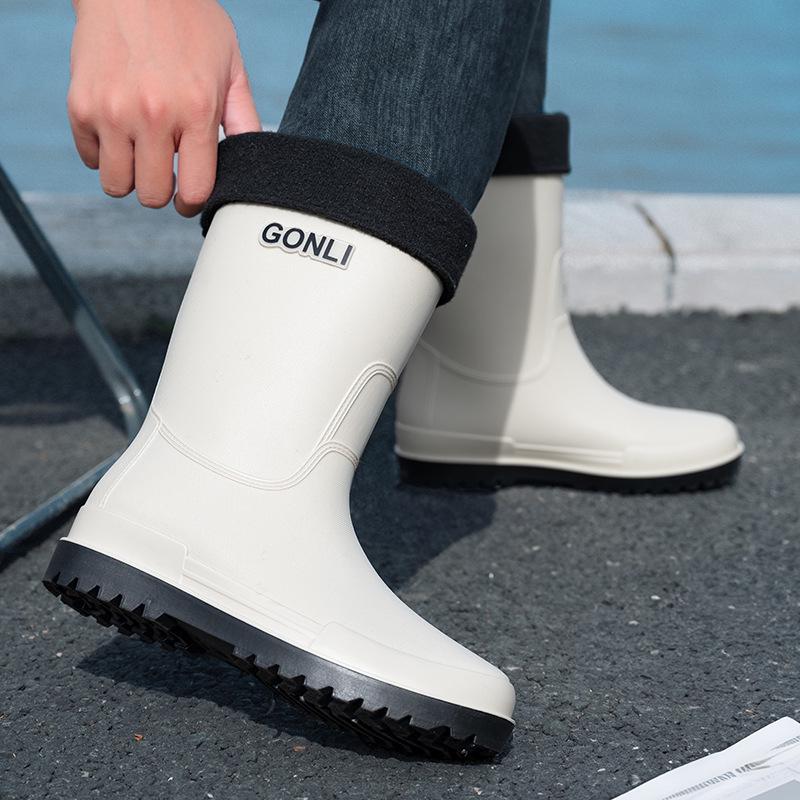 Men's Waterproof Rain Boots: Warm, Non-Slip, High-Top with Elastic Cuff, Ideal for Kitchen, Car Wash, and Fishing.