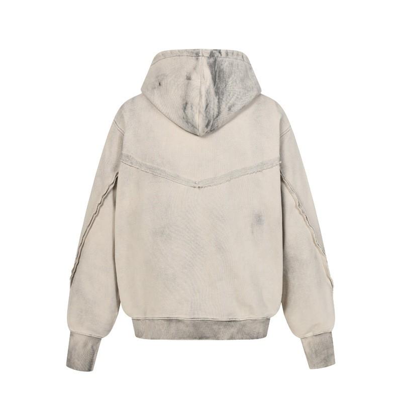 Oversized Hooded Zip-Up Sweatshirt With Distressed Washed Patchwork Design Streetwear Unisex