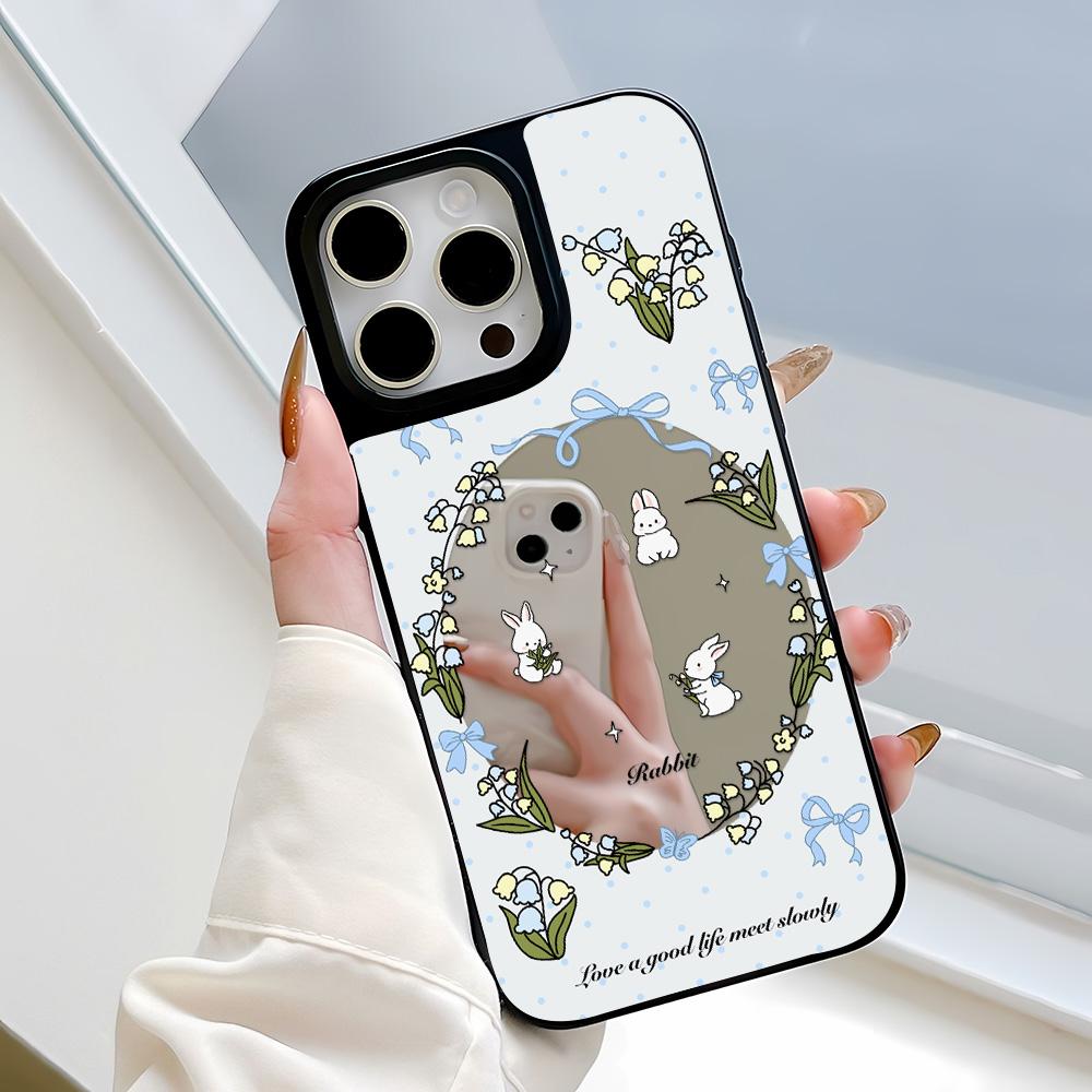 

Зеркальный чехол для телефона для iPhone 15 11 13 14 для 15 16 Pro Max 12 13 16 Pro Чехол для телефона в милом стиле с облаками, цветами и животными iPhone 16 чёрный