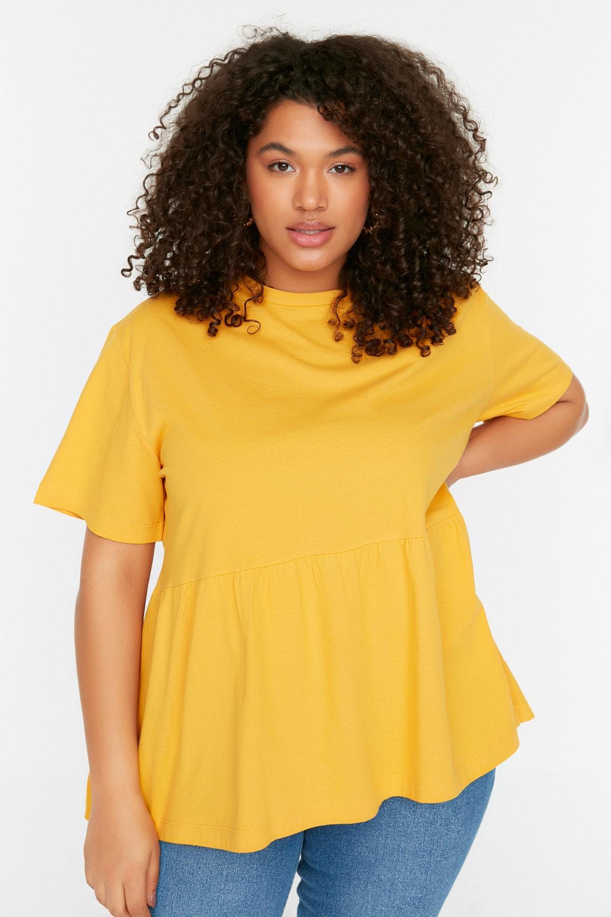

Women s Fashion New Big Size T-Shirt Yellow Crew Neck Knitted T-Shirt