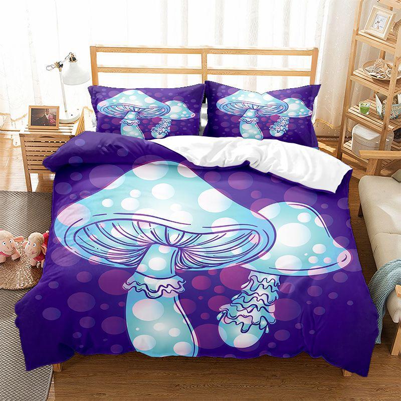 Mushroom Kids Duvet Cover Set King/Queen Size, Cartoon Trippy Colorful Fantasy Mushroom Soft Bedding Set For Girl Teen