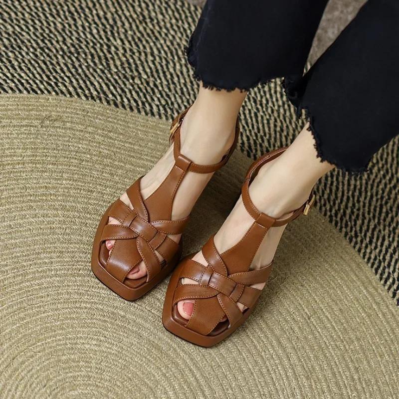 New Thick Heel Romen Sandals Women High Heel Leather Shoes Retro Weave Hollow Platform British Style Female Shoes 2026