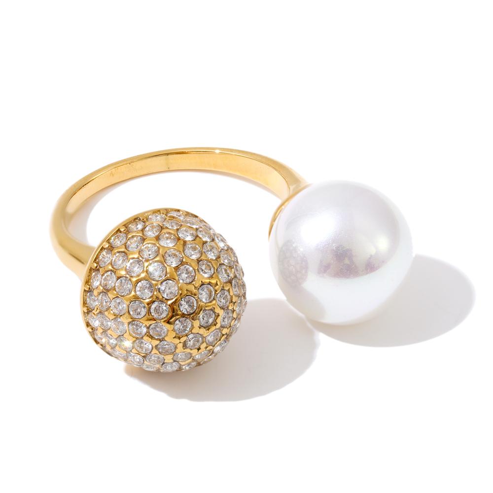 

Yhpup Imitation Pearls Cubic Zirconia Round Open Adjustable Ring Exquisite Rust Proof High Quality Chic PVD Finger Jewelry Gift resizable