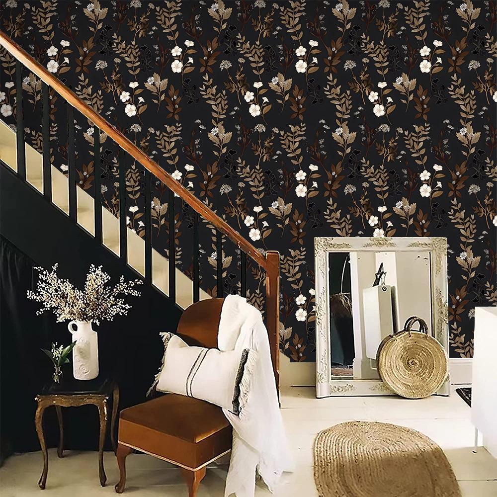Black Floral Wallpaper Peel and Stick Contact Paper Waterproof Self-Adhesive Vinyl Wrap for Bedroom  Bathroom Cabinets Decor
