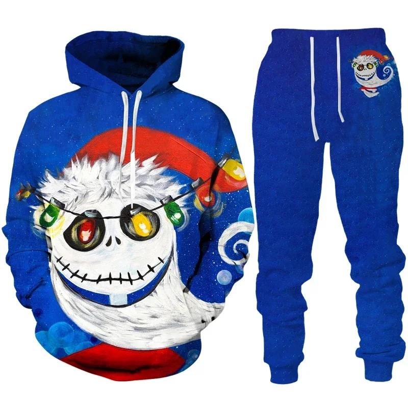 3D Print Hoodies Suit Christmas Santa Claus Man Woman Tracksuit Pants 2pcs Sets New Year Holiday Party Casual Pullover Oversized