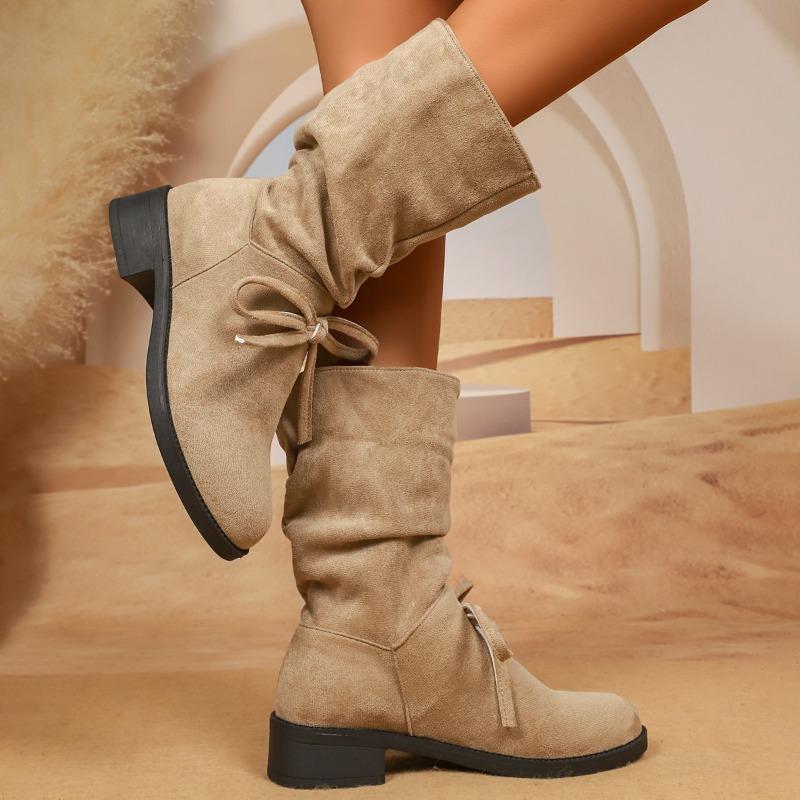 Fashion Bow Cow Suede Single Boots Autumn New Round Toe Sleeve Soft Sole Anti-slip Wear-resistant Block Heel Short Boots