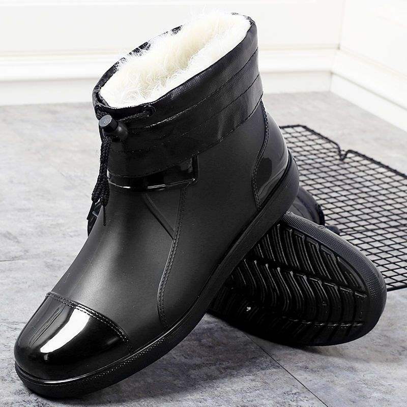 Rain shoes men's short tube velvet large size low-top wear-resistant waterproof overshoes rain boots kitchen non-slip car wash work rubber shoes