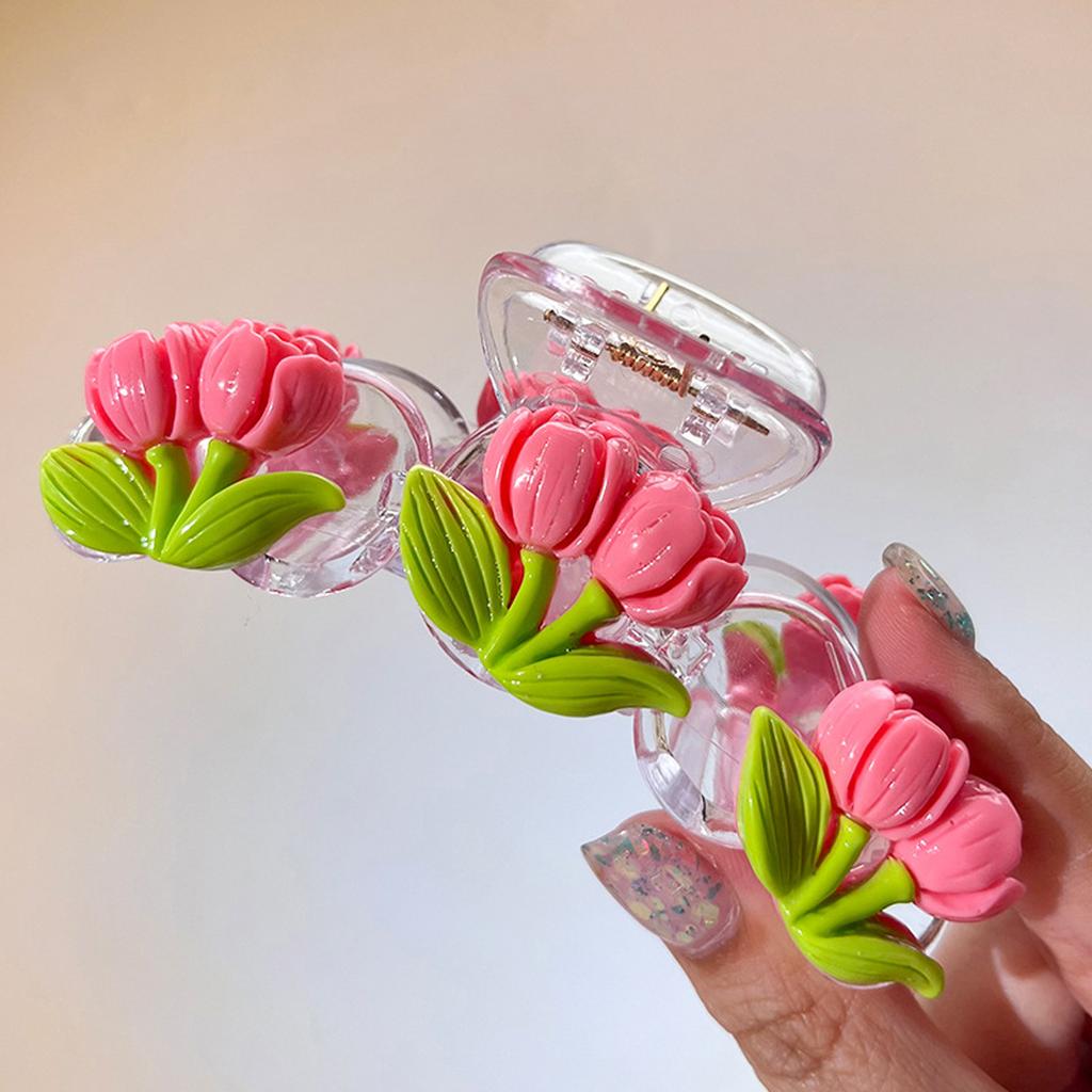 1pc Cute Tulip Flower Hair Grip Clip On the Back of the Head, Sweet Shark Clip Peach Blossom Pink Half Hair Clip