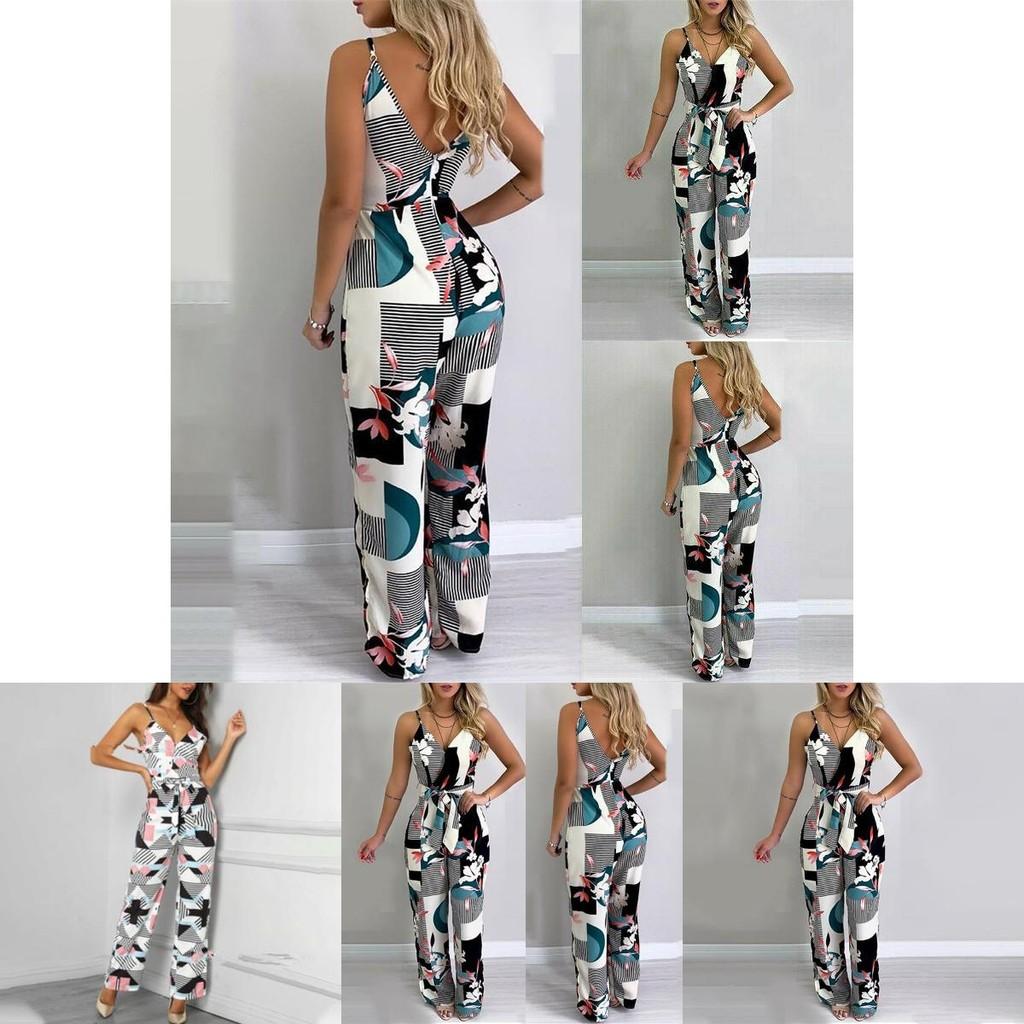 Elegant Multicolor Women Strappy Wide Leg Long Playsuit With V-neck Design