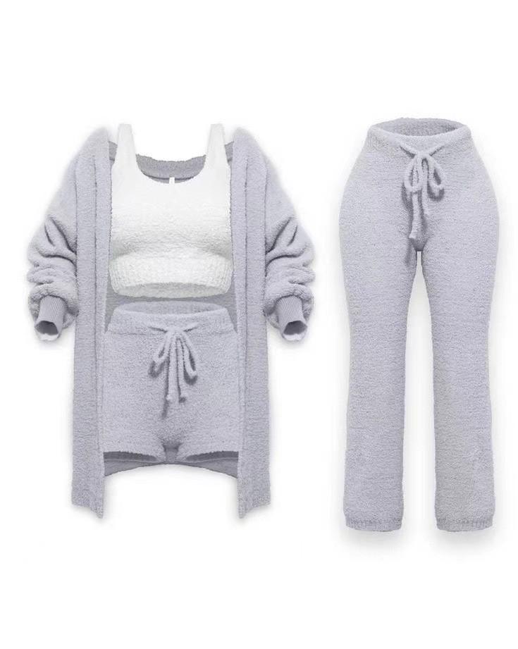 2026 Autumn/Winter Knit Plush Long-Sleeve Jacket, Vest, Shorts, and Three-Piece Set