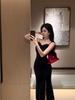 Luxurious French Gold Velvet Fishtail Slip Dress for Women - Autumn/Winter Sexy Bodycon with Hip-Slit for Evening Wear