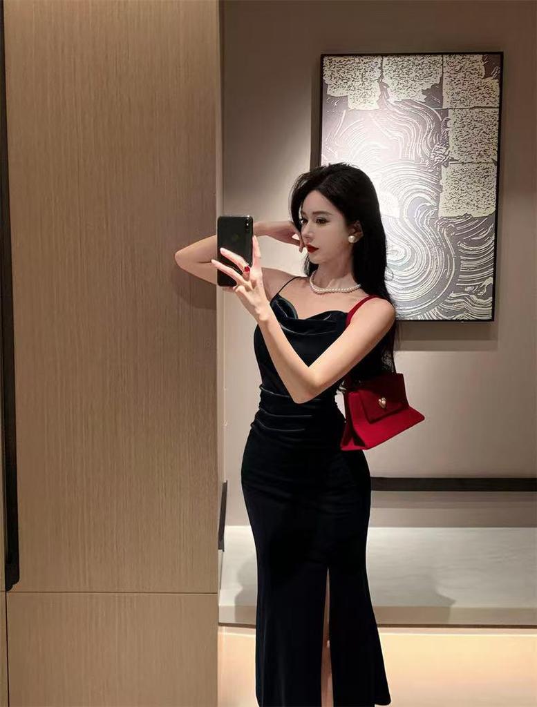 Luxurious French Gold Velvet Fishtail Slip Dress for Women - Autumn/Winter Sexy Bodycon with Hip-Slit for Evening Wear