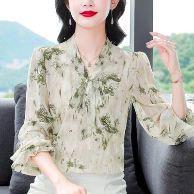 Stylish High End Loose Blouse Long Sleeve Chiffon Top Trendy and Elegant for Autumn Spring Versatile Tummy Cover