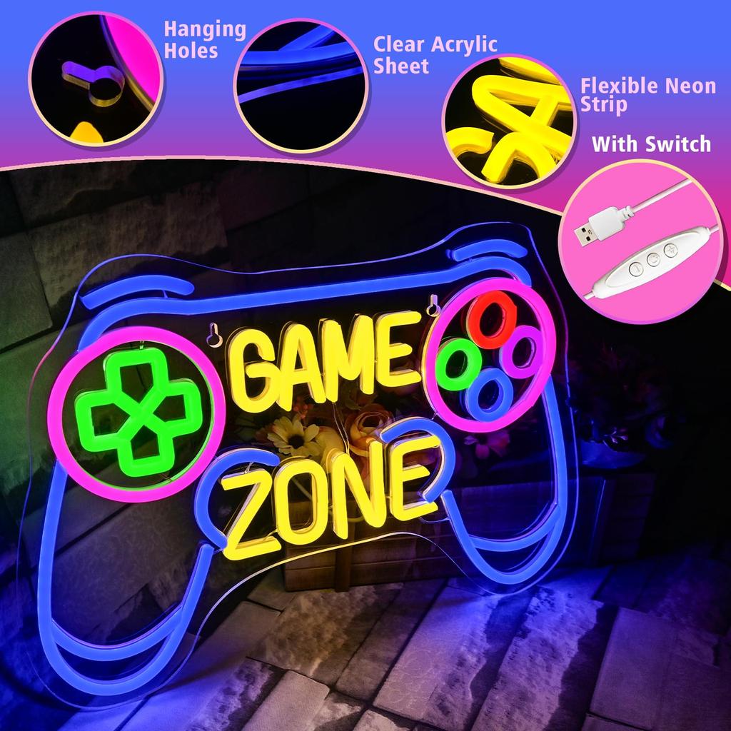 Game Zone Neon LED Gamer Sign Gaming Light for Teens, Boys, Kids, Birthdays, Christmas, Video Game Decor Gifts for Wall, Bedroom