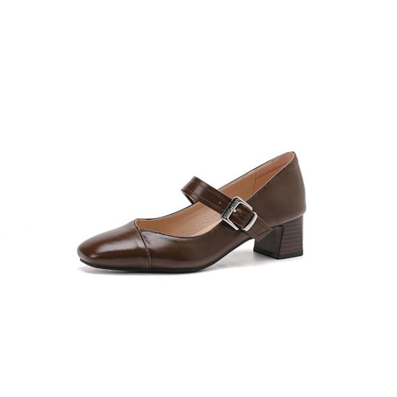 New Women's Medium-heeled Small Leather Shoes, Black Square Head, Four-season Wear, Women's Shoes, Single Shoes, Women's Feet, One Pedal, Beef Tendon