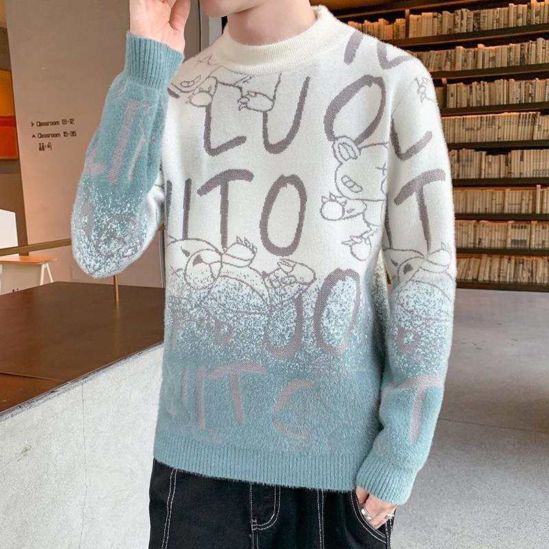 Autumn and winter new, sweater men's knitted sweater loose casual letters gradual change versatile casual fashion trend comfortable