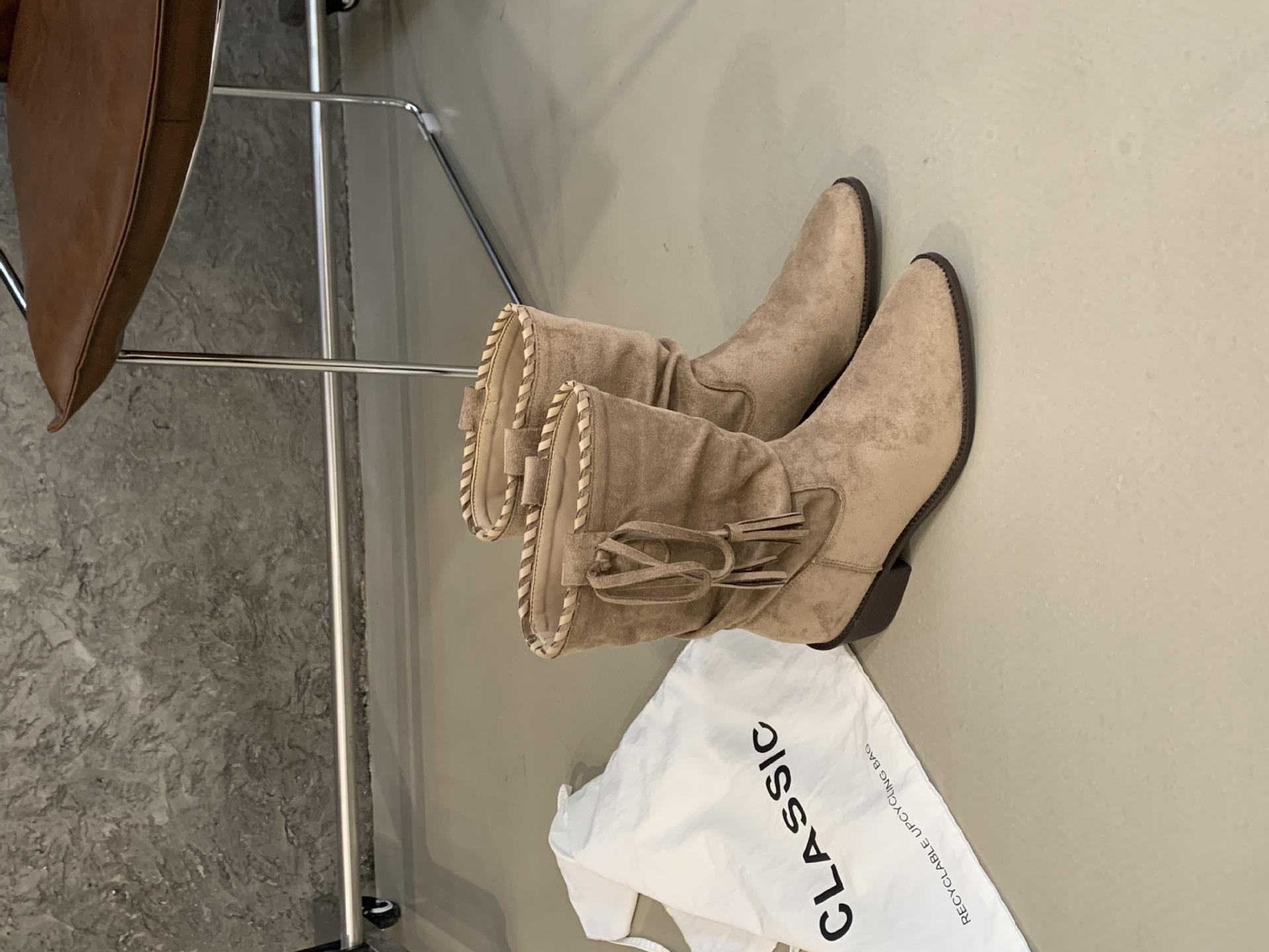 

2025 new thick heel pointed western boots retro tassel medium tube thin boots versatile suede boots women s short boots 39 хаки