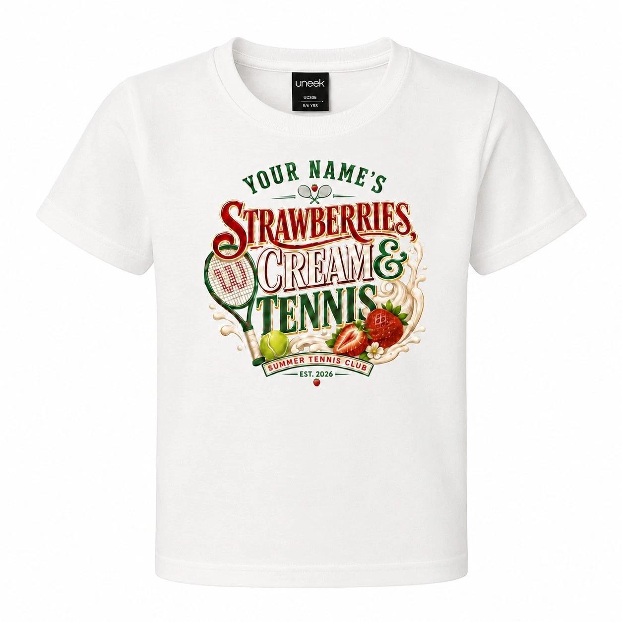 Personalised Kids Strawberries Cream Tennis T-Shirt Custom Name Gift 2XL