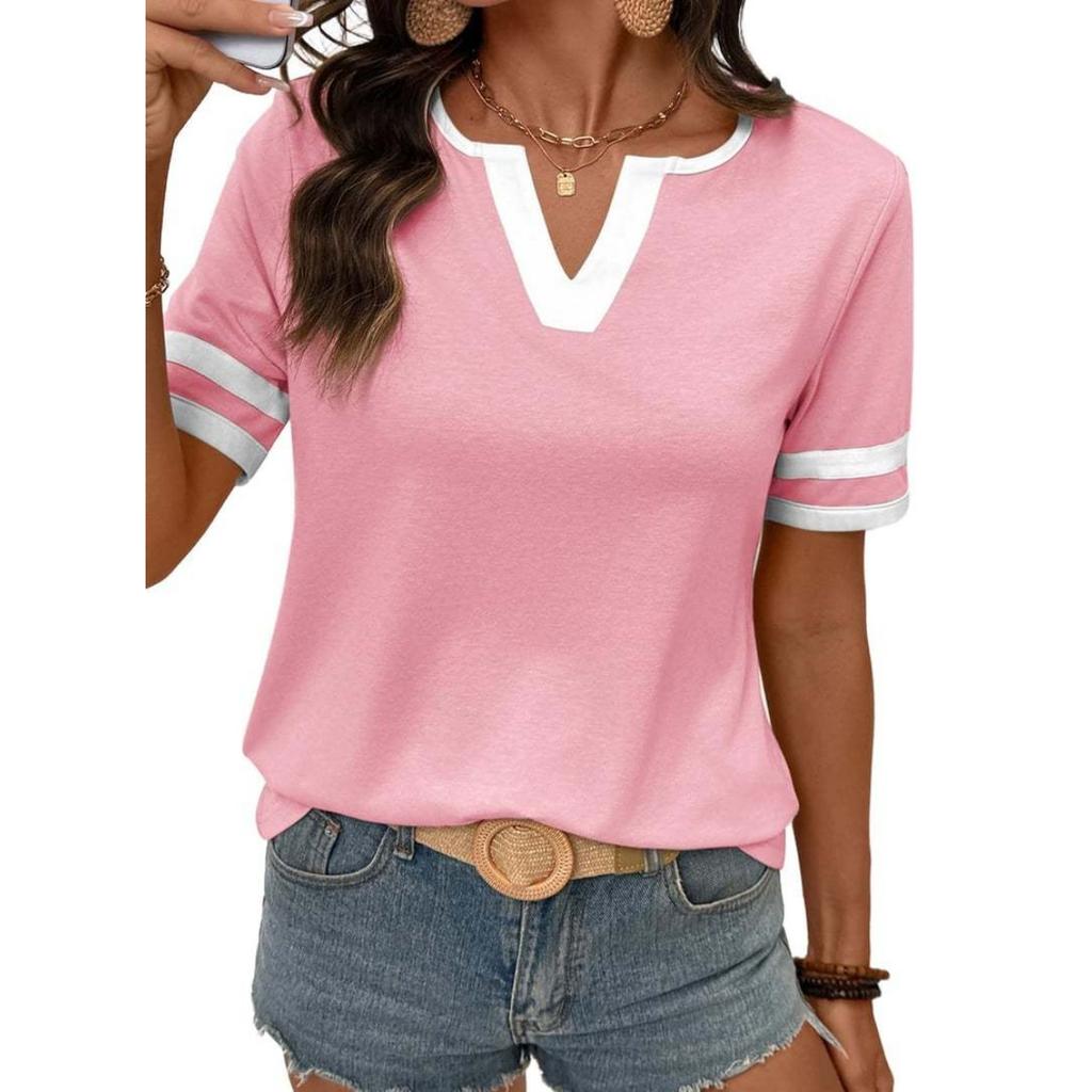 Women's Summer V-neck Short Sleeve Color Block Casual T-shirt Top For European American Crossbody