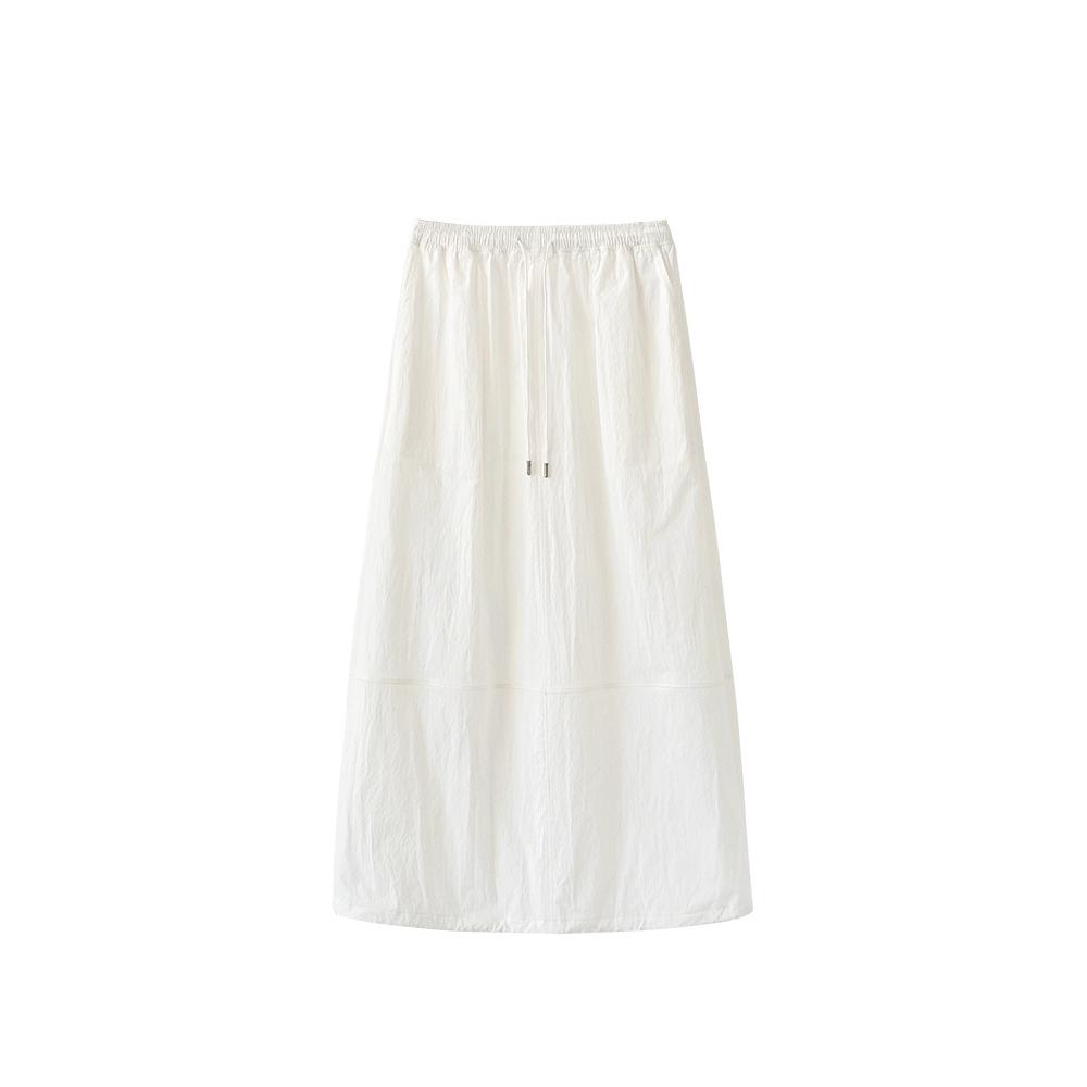 

Spring Women s White A-Line Midi Skirt: Retro Stretch with Drawstring Elastic Waist Large