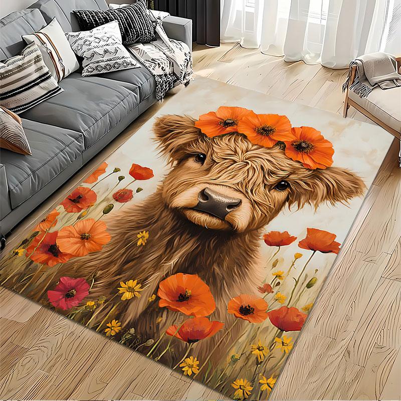 Highland Cow with Flower Crown suitable as a non-slip mat for the living room or bedroom sofa