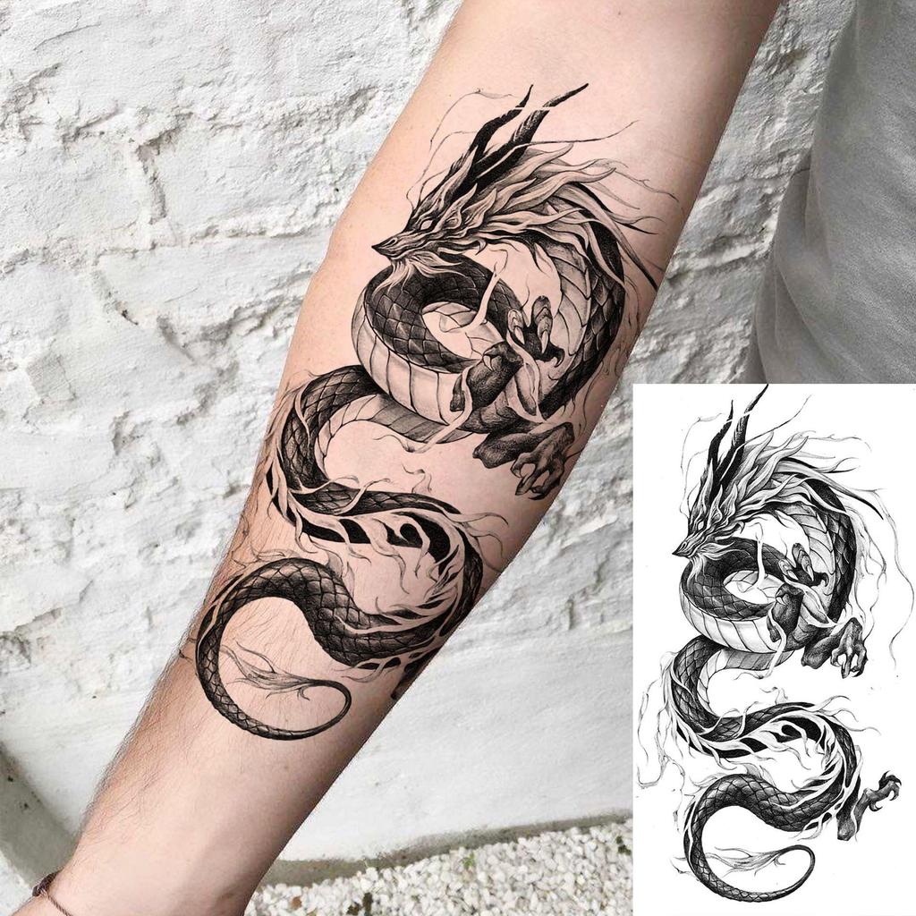 Black & White Snake Dragon Skull Waterproof Temporary Tattoo Sticker for Arm/Leg.