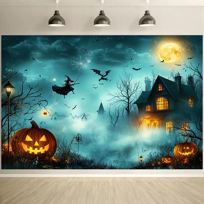 2D plane 1 magical haunted house scene featuring witches bats pumpkin lanterns and a full moon